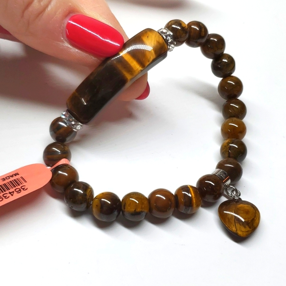 South African Yellow Tigers Eye White Crystal Heart Charm Stretch Bracel…